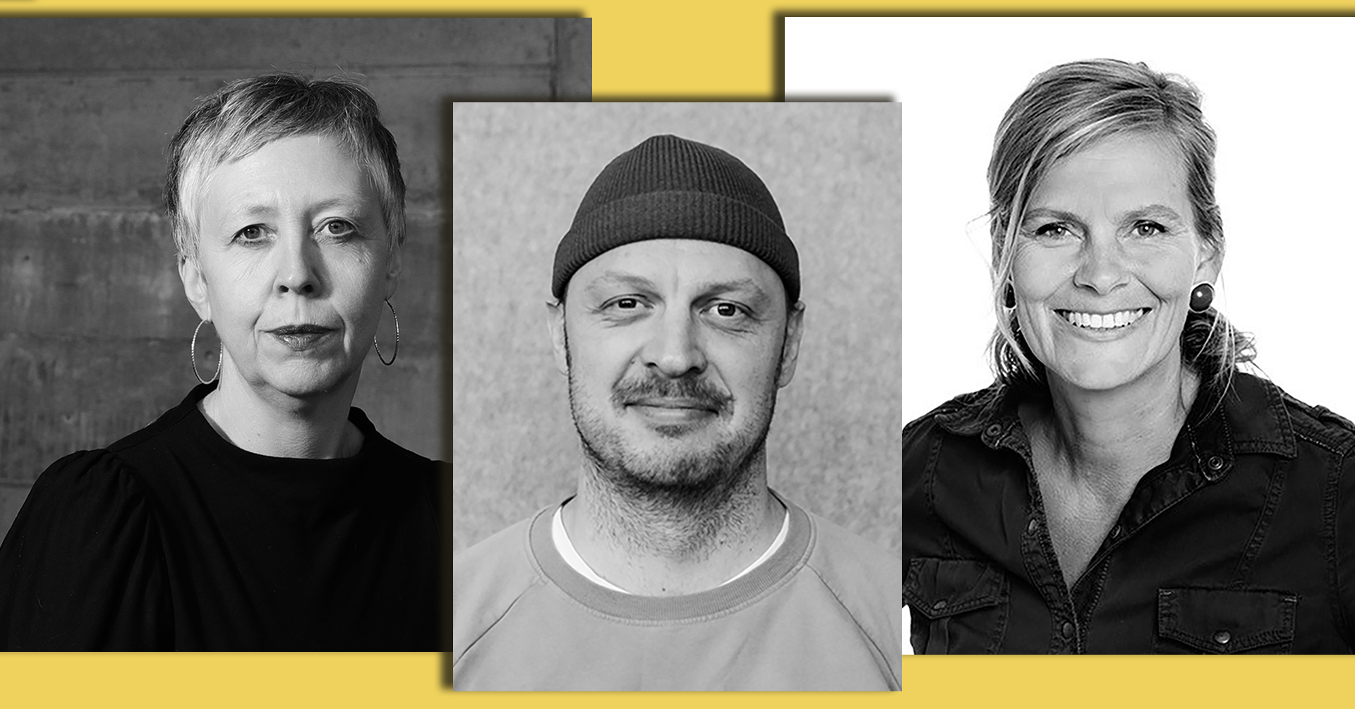 Tre portrettbilder samlet, to kvinner og en mann