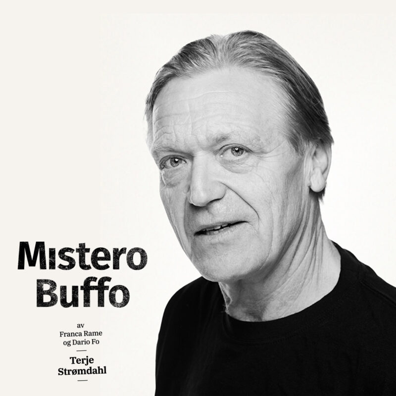 Portrettfoto mann m tekst: Mistero Buffo