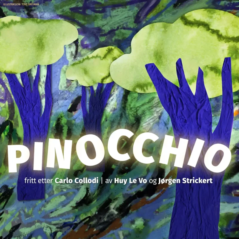 Illustrasjon av skog og tittelen "Pinocchio"