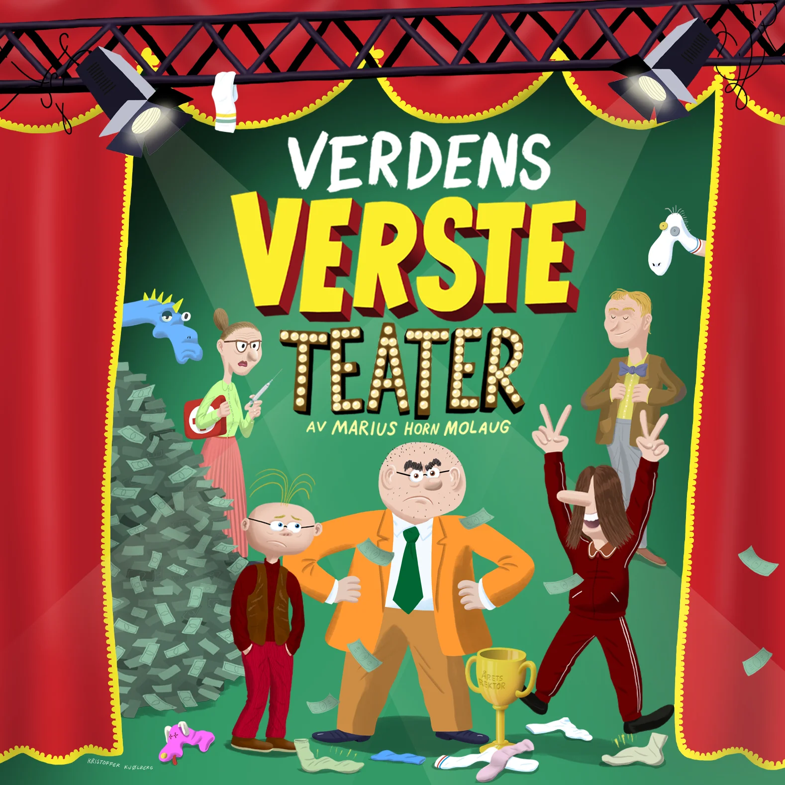 Tittel midt i bildet med Verdens verste teater. En skallet mann i oransje dress, en liten gutt står ved siden av han. På andre siden står en annen gutt i joggedress med armene i været, bak han står en kvinne med skjorte og skjørt og en mann i brun dress. Rundt i bildet er det slitne sokker og sokkedukker, en pokal med "årets rektor" og en haug med penger.