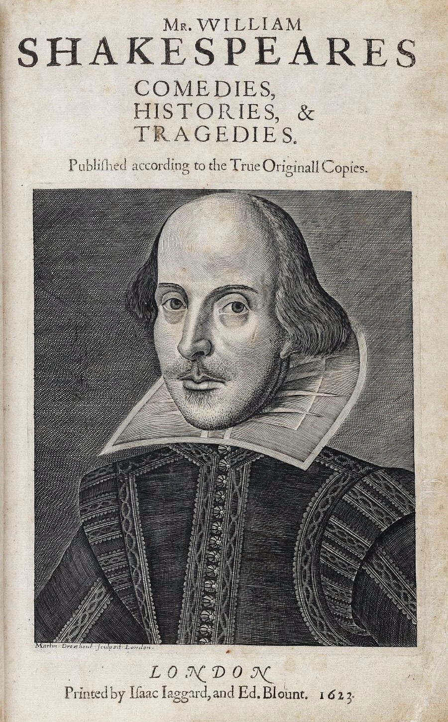 Foto av en av sidene i "First Folio", Shakespeares første samlede verker, fra 1623.
