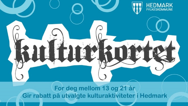Illustrasjon "Kulturkortet For deg mellom 13 og 21 år Gir rabatt på utvalgte kulturaktiviteter i Hedmark"